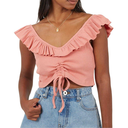 Salmon - Side - Brave Soul Womens-Ladies Frill Cropped Vest Top