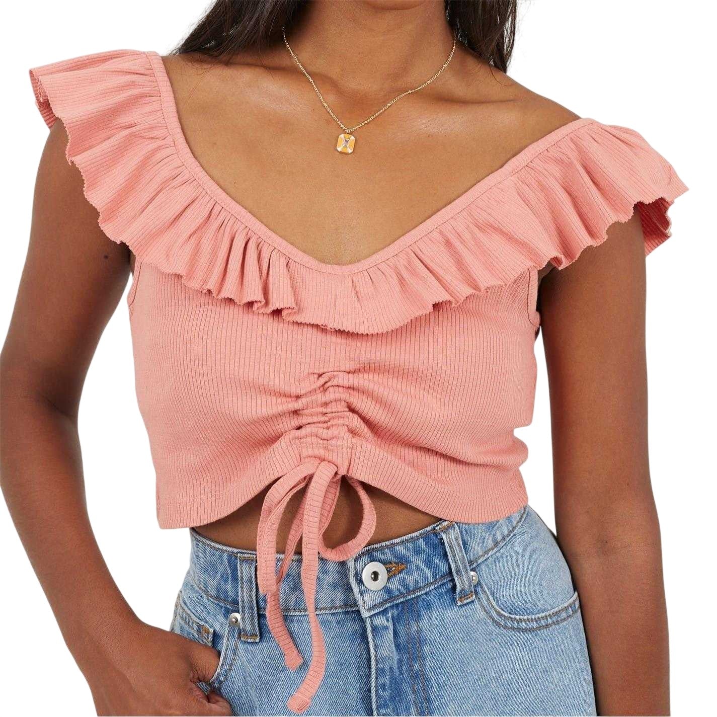 Salmon - Front - Brave Soul Womens-Ladies Frill Cropped Vest Top