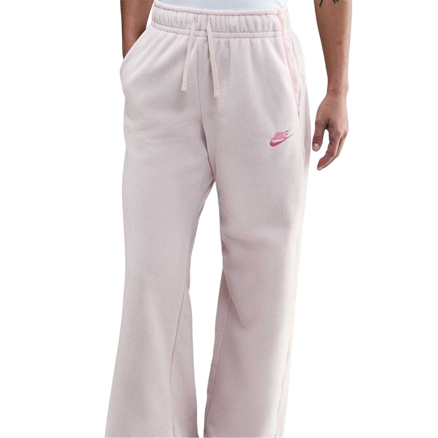 Cream-Pink - Side - Nike Womens-Ladies Sportswear Club Fleece Wide Leg Mid Rise Joggers