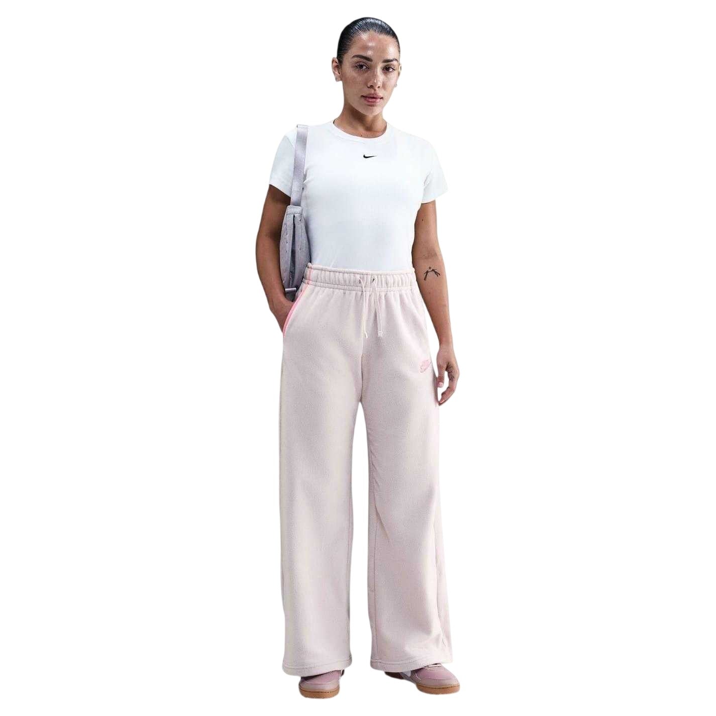 Cream-Pink - Front - Nike Womens-Ladies Sportswear Club Fleece Wide Leg Mid Rise Joggers