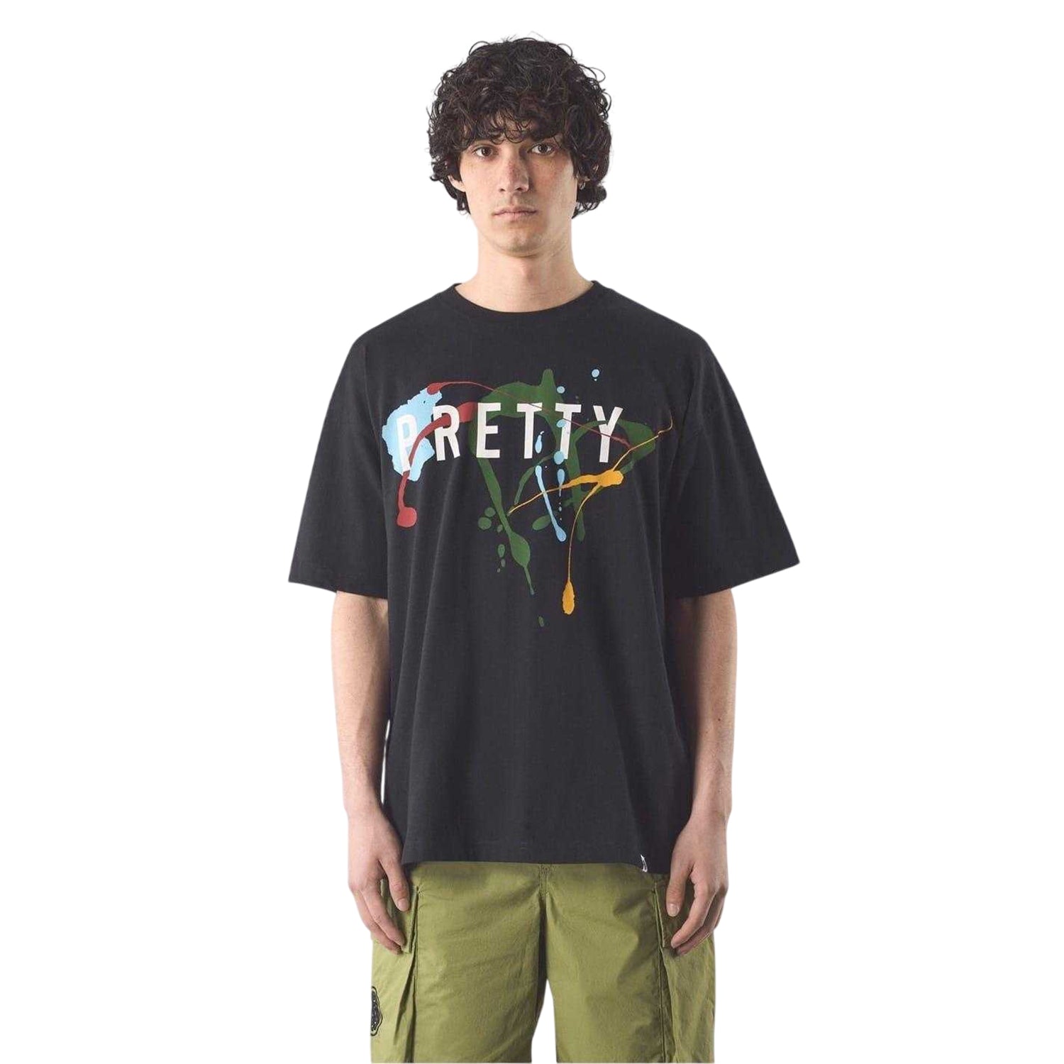 Black - Side - Pretty Green Mens Paint Splatter Cotton Regular T-Shirt