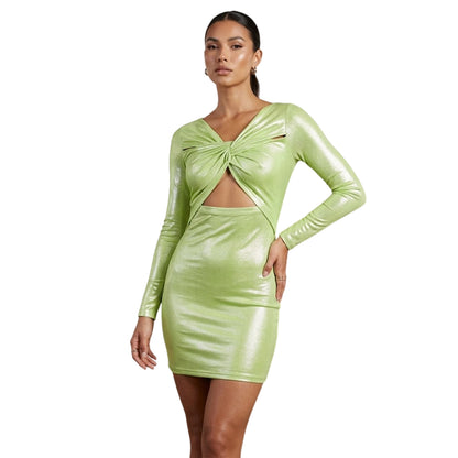 Green - Back - AmyLynn Womens-Ladies Metallic Front Tie Bodycon Dress