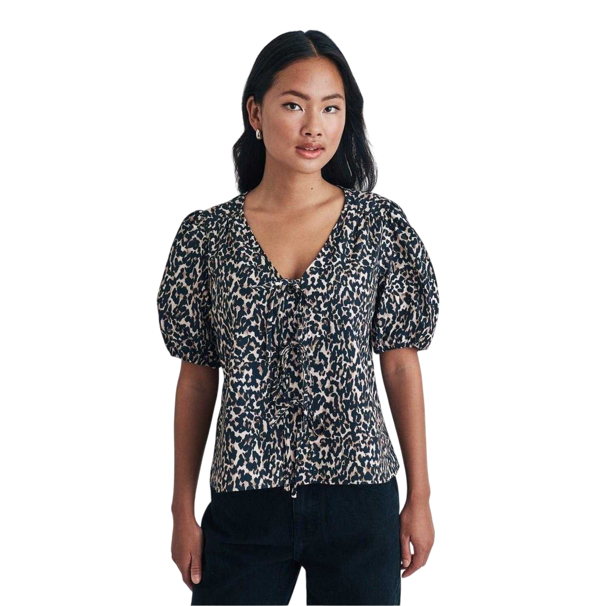 Black-White - Front - Nobody´s Child Womens-Ladies Leopard Print Puff Sleeve Blouse