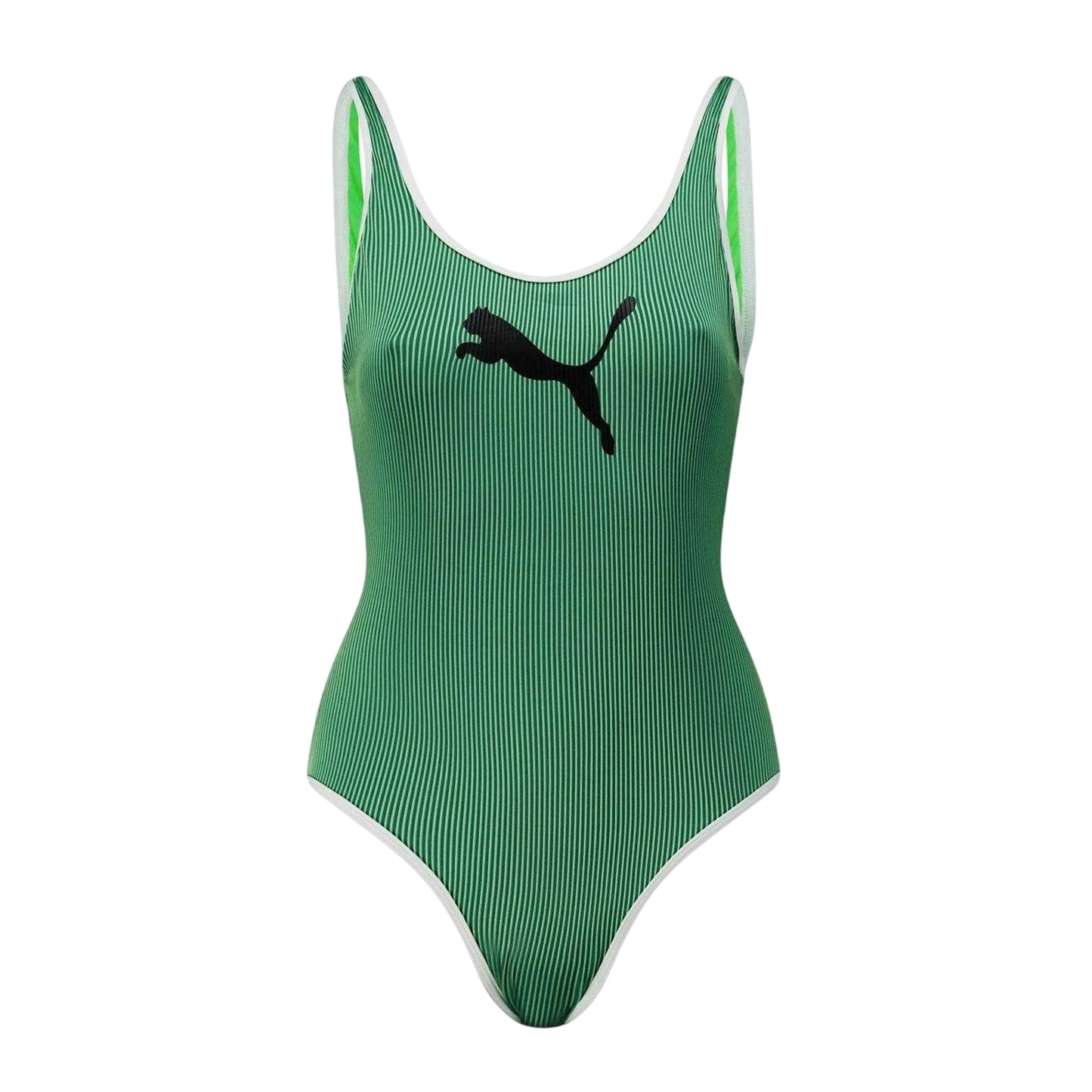 Green - Front - Puma Womens-Ladies Striped Ribbed One Piece Swimsuit