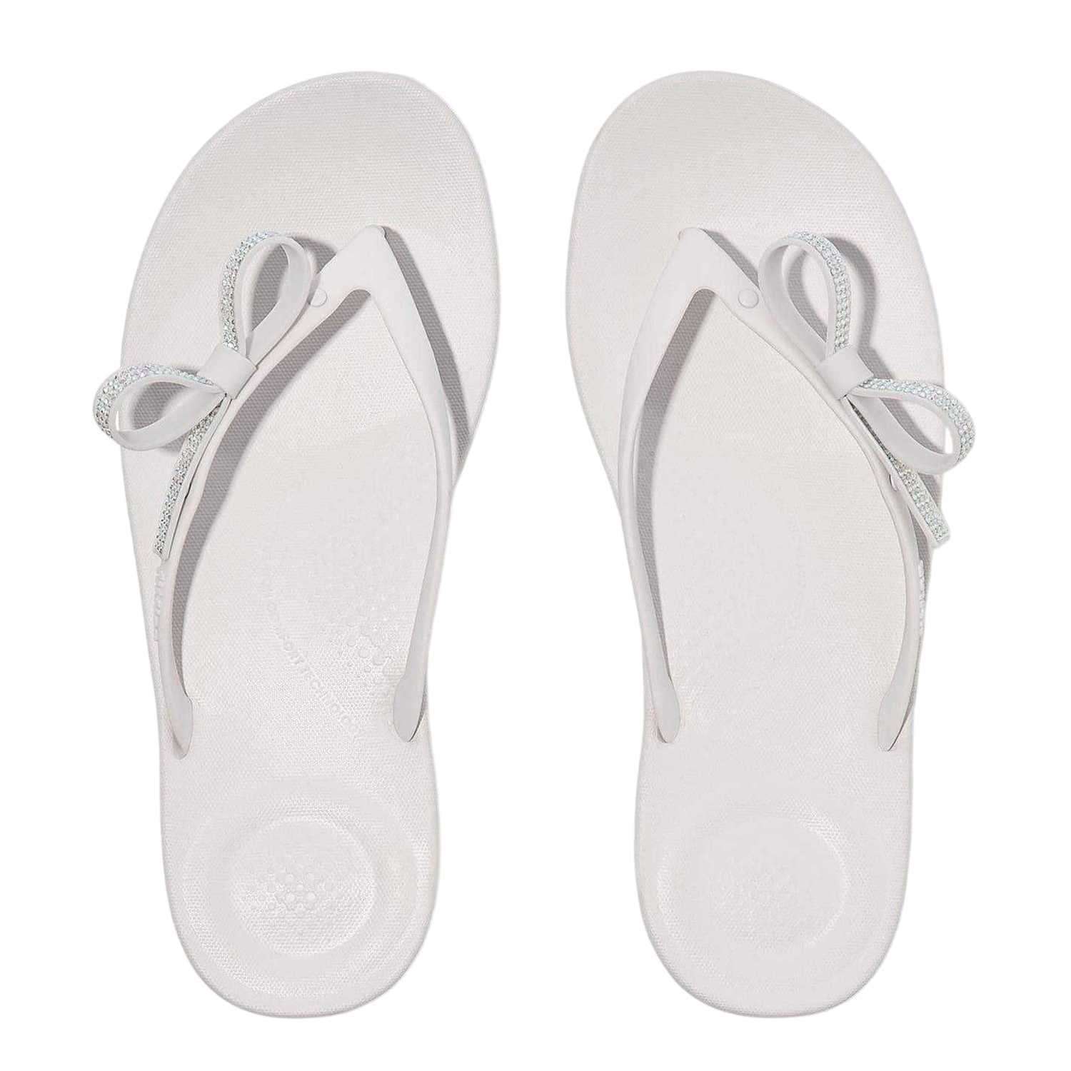 White - Side - Fit Flop Womens-Ladies Iqushion Rhinestone Bow Detail Flip Flops