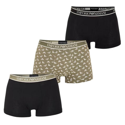 Black-Green Print - Front - Emporio Armani Mens Core Branded Boxer Shorts (Pack of 3)