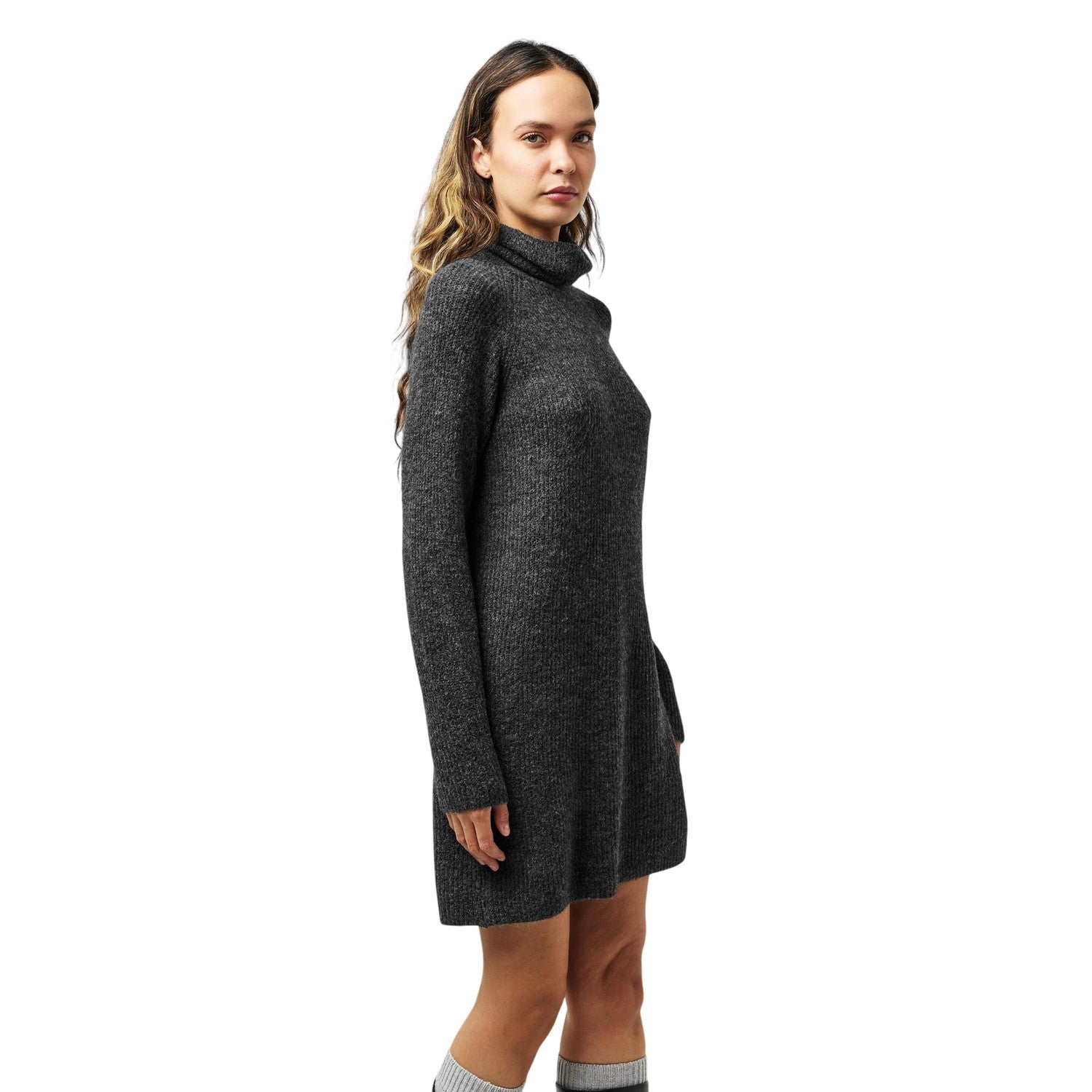 Dark Grey Melange Melange - Side - Pieces Womens-Ladies Turtle Neck Sweater Dress
