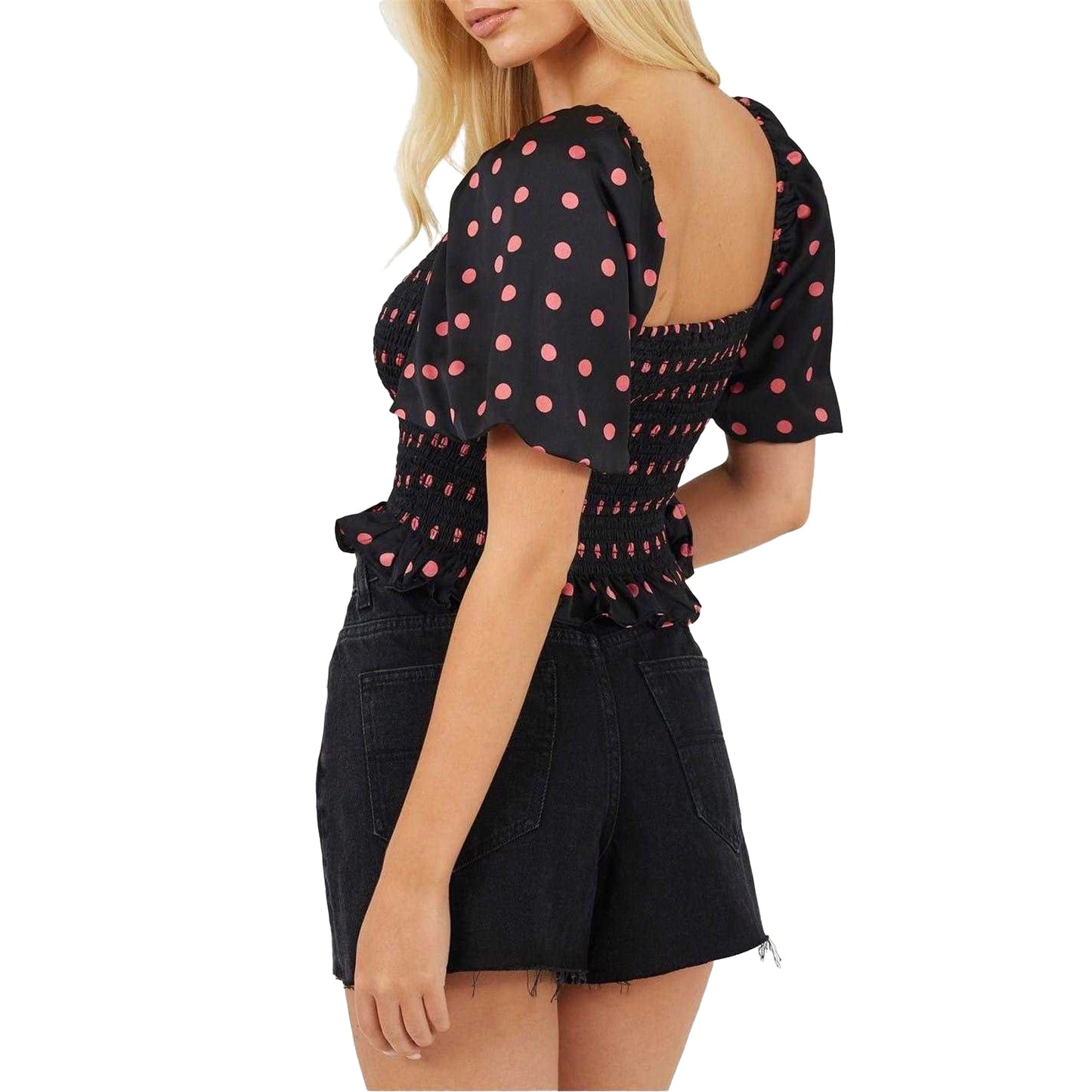 Black-Pink - Back - Brave Soul Womens-Ladies Polka Dot Square Neck Puff Sleeve Top