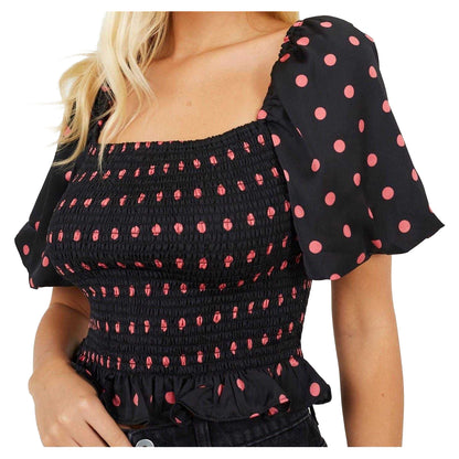 Black-Pink - Side - Brave Soul Womens-Ladies Polka Dot Square Neck Puff Sleeve Top