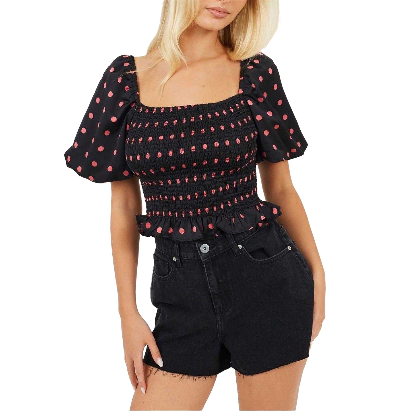 Black-Pink - Front - Brave Soul Womens-Ladies Polka Dot Square Neck Puff Sleeve Top
