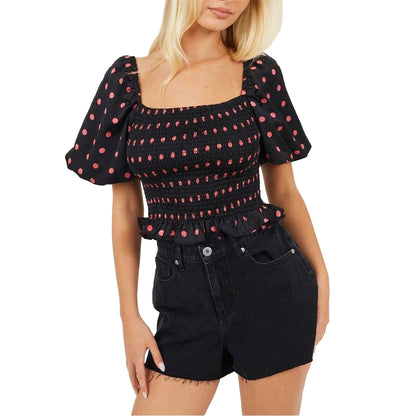 Black-Pink - Front - Brave Soul Womens-Ladies Polka Dot Square Neck Puff Sleeve Top