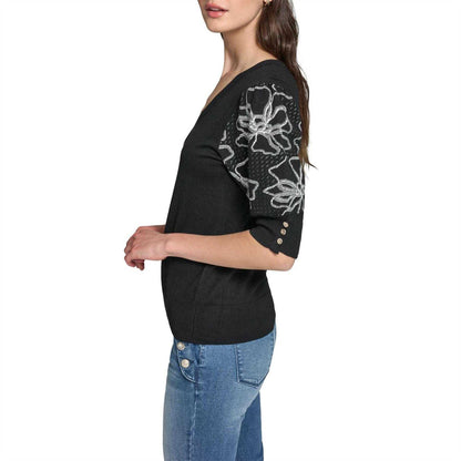 Black - Side - Karl Lagerfeld Womens-Ladies Knitted Puff Sleeve Top