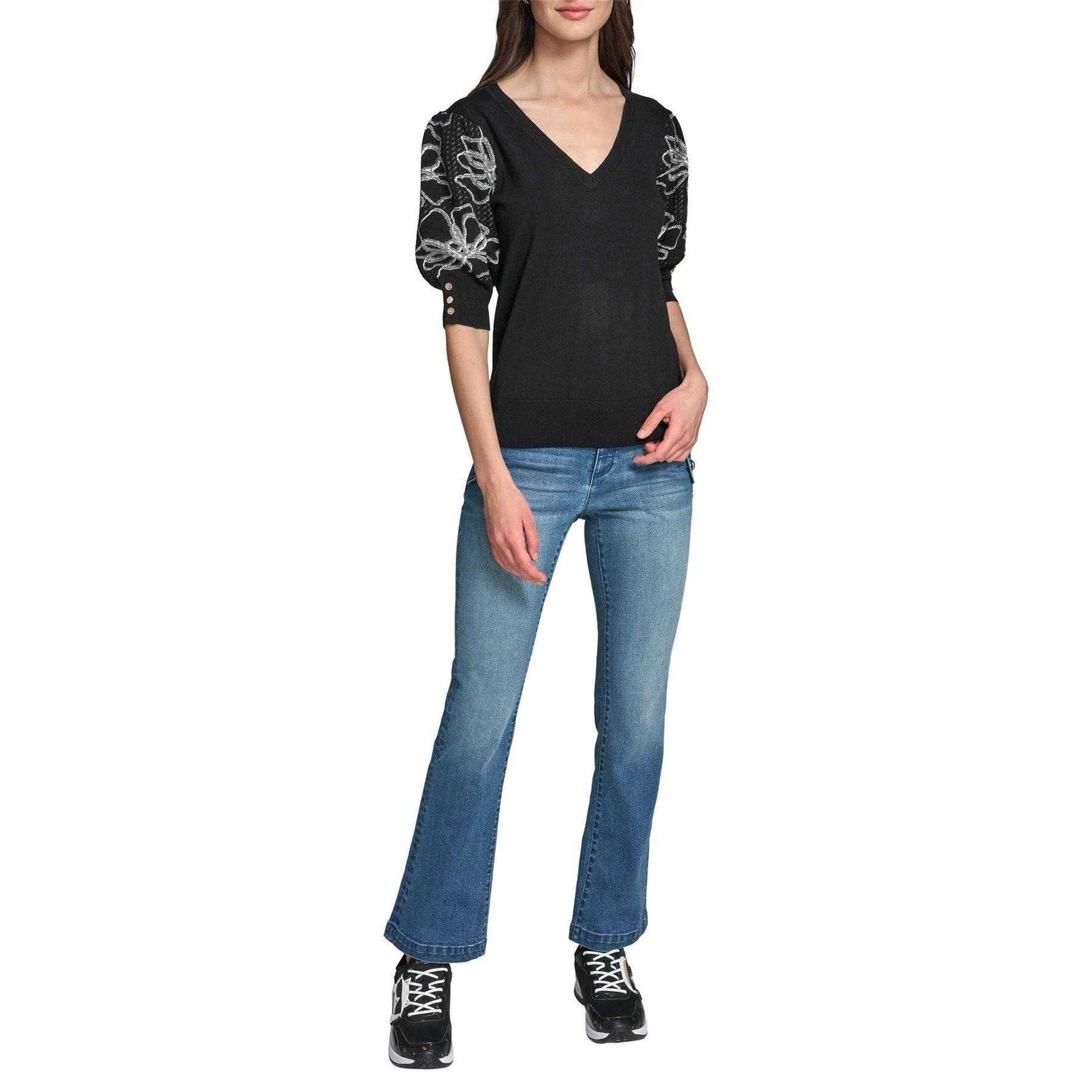 Black - Lifestyle - Karl Lagerfeld Womens-Ladies Knitted Puff Sleeve Top