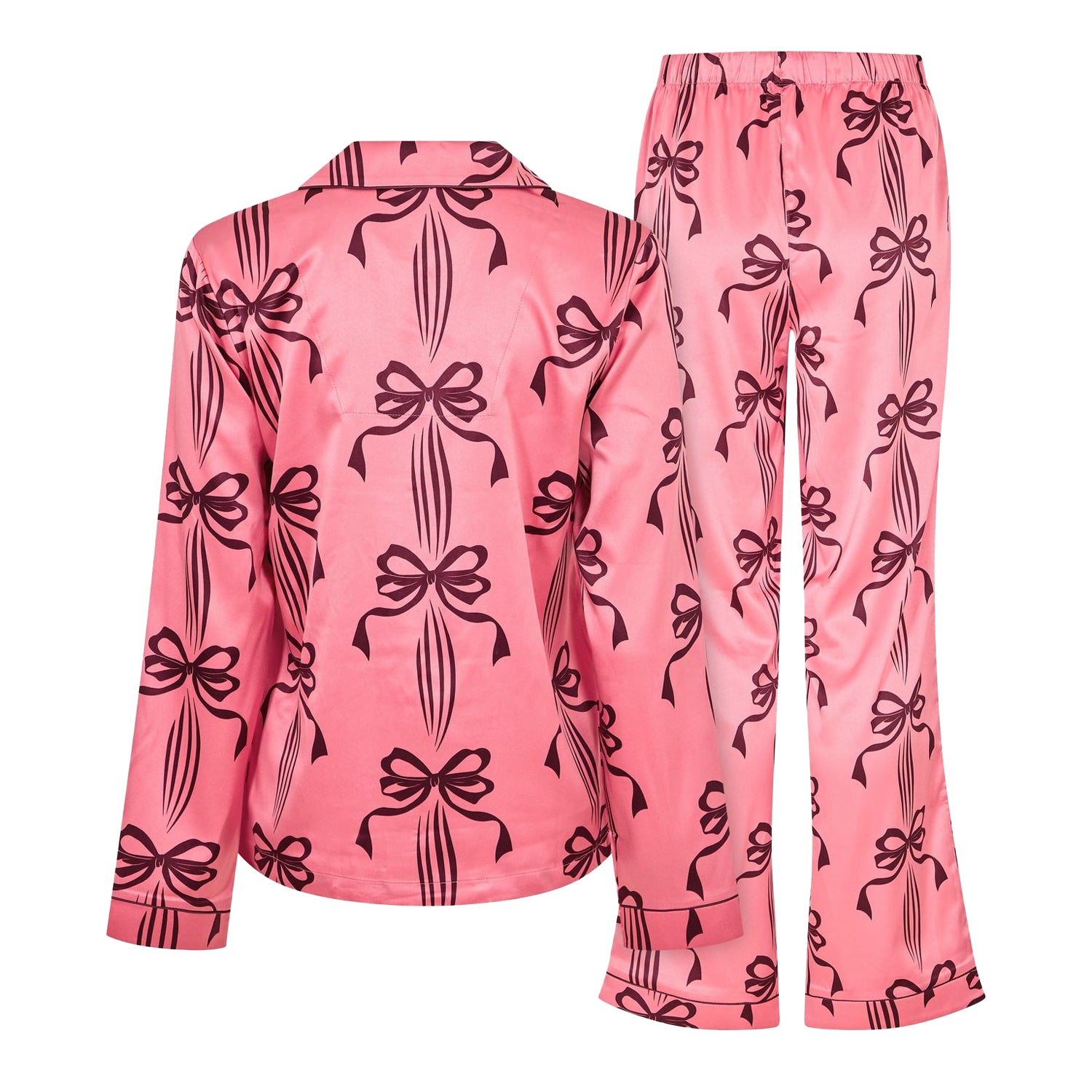 Pink - Back - Chelsea Peers Womens-Ladies Bow Long-Sleeved Long Pyjama Set