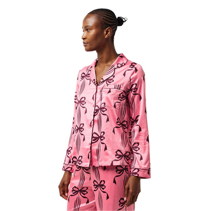 Pink - Side - Chelsea Peers Womens-Ladies Bow Long-Sleeved Long Pyjama Set