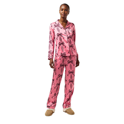 Pink - Pack Shot - Chelsea Peers Womens-Ladies Bow Long-Sleeved Long Pyjama Set