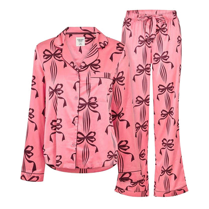 Pink - Front - Chelsea Peers Womens-Ladies Bow Long-Sleeved Long Pyjama Set