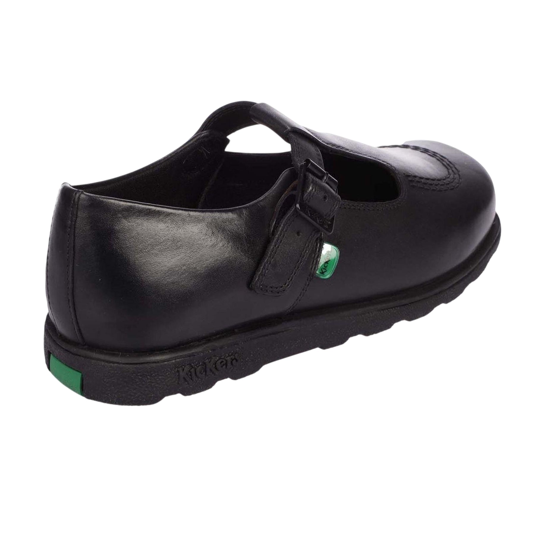 Black - Back - Kickers Girls Leather T Buckle School Shoes