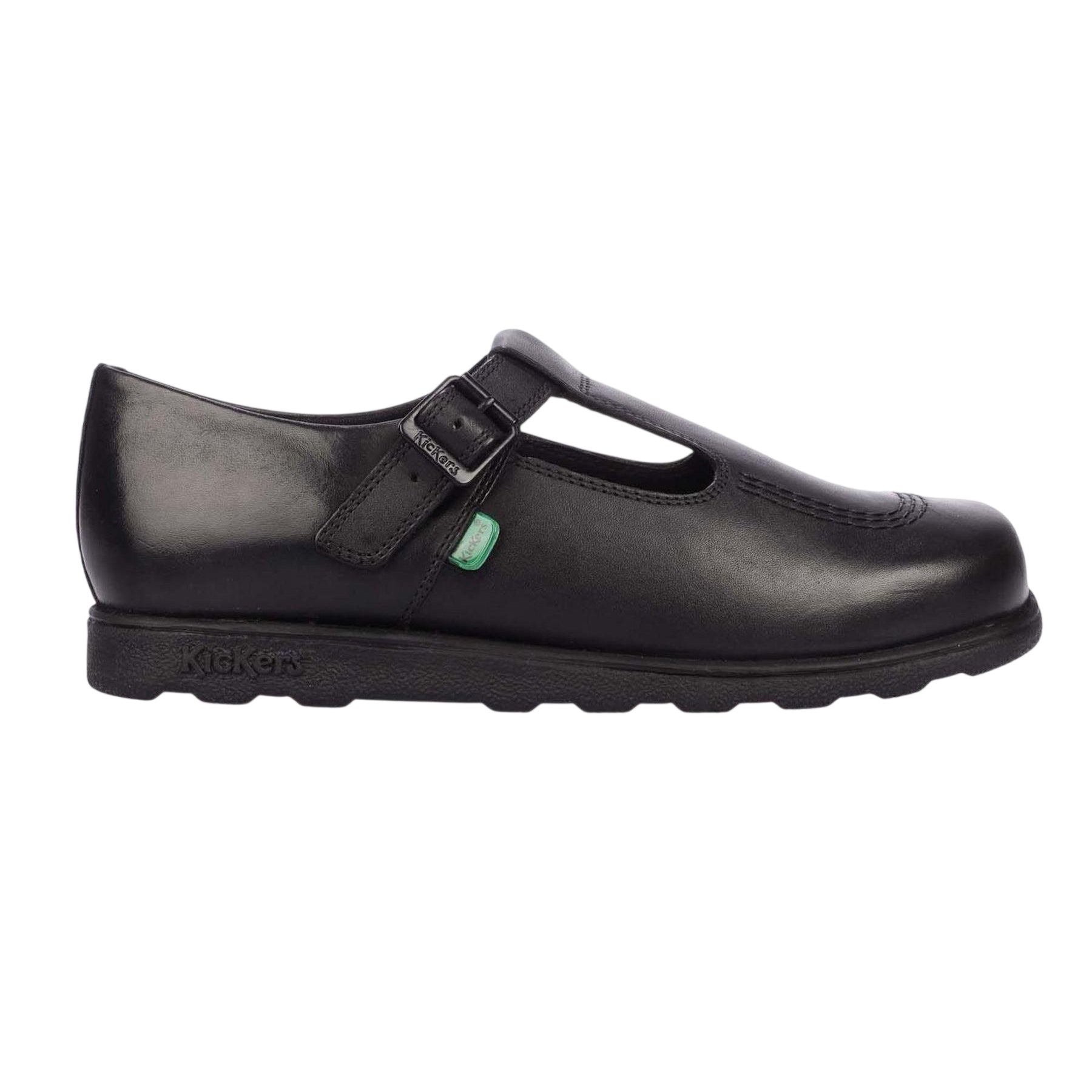 Black - Side - Kickers Girls Leather T Buckle School Shoes