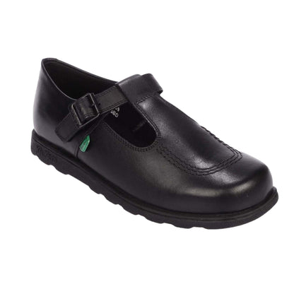 Black - Front - Kickers Girls Leather T Buckle School Shoes