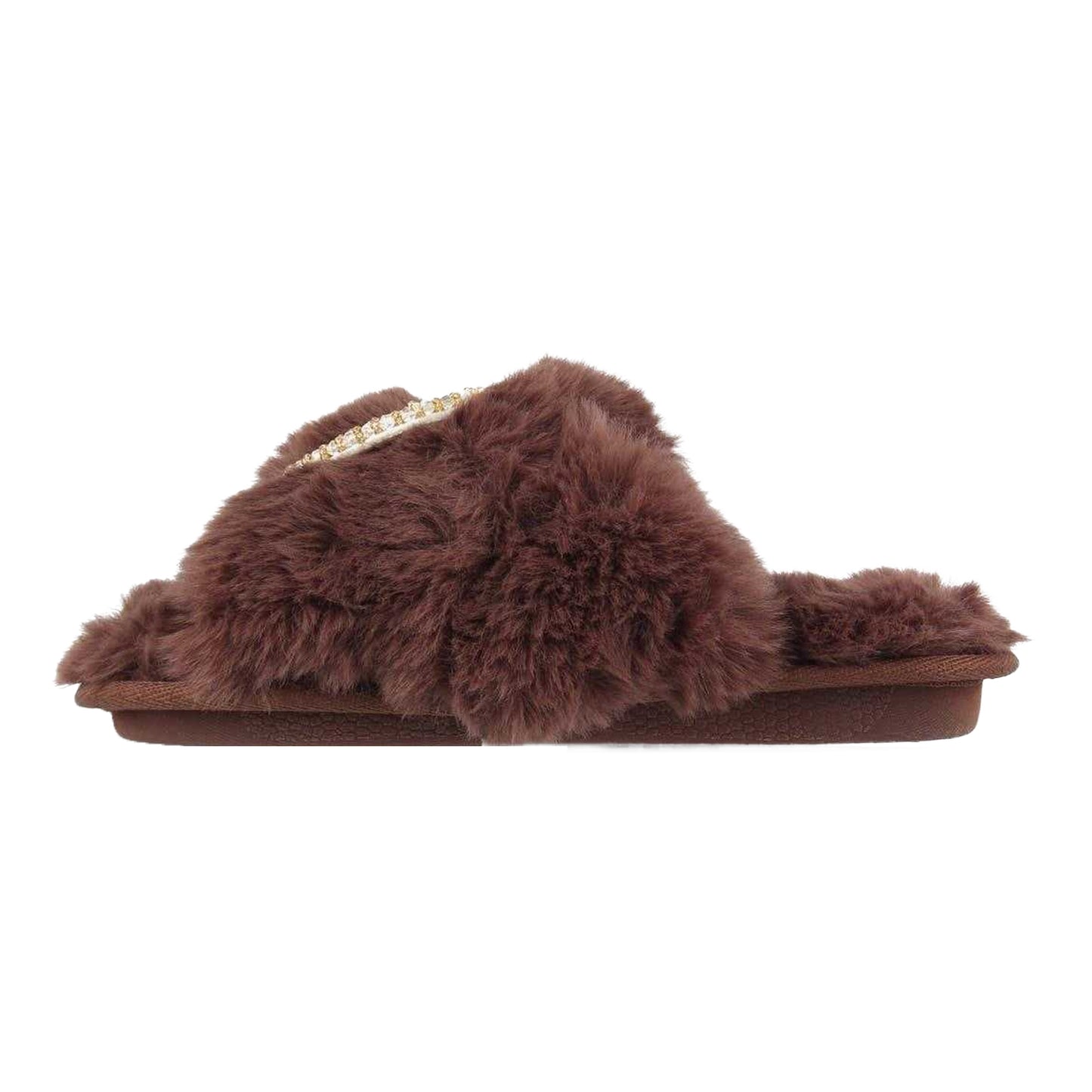 Brown - Back - Biba Womens-Ladies Moon & Stars Faux Fur Embellished Slippers