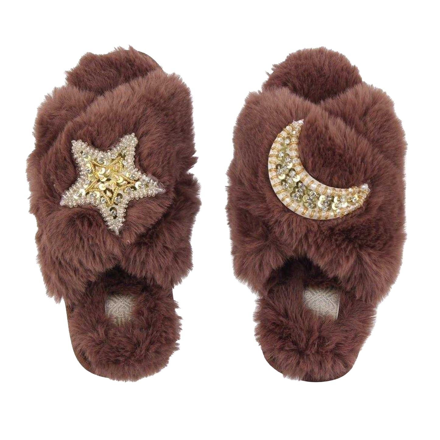 Brown - Side - Biba Womens-Ladies Moon & Stars Faux Fur Embellished Slippers