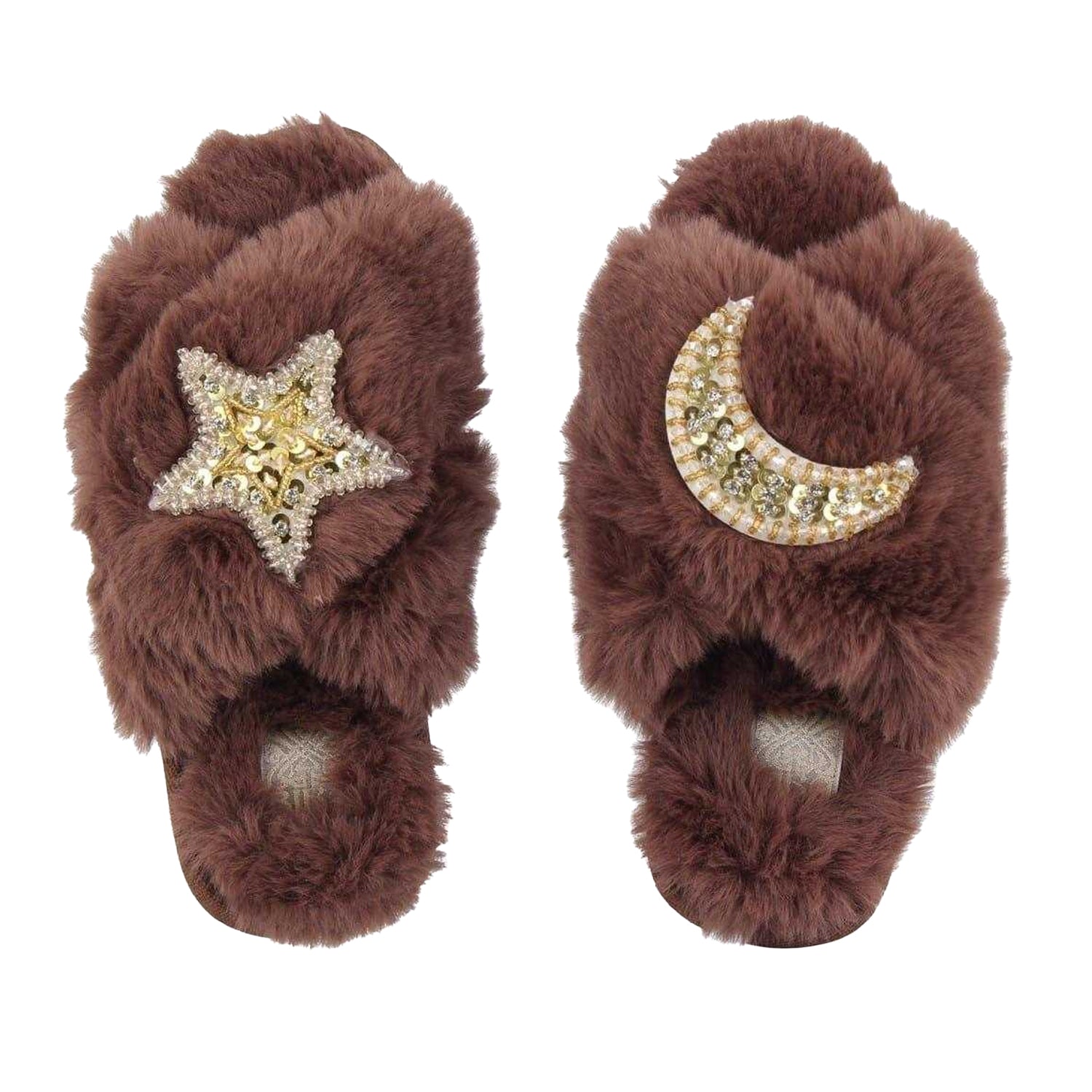 Brown - Side - Biba Womens-Ladies Moon & Stars Faux Fur Embellished Slippers