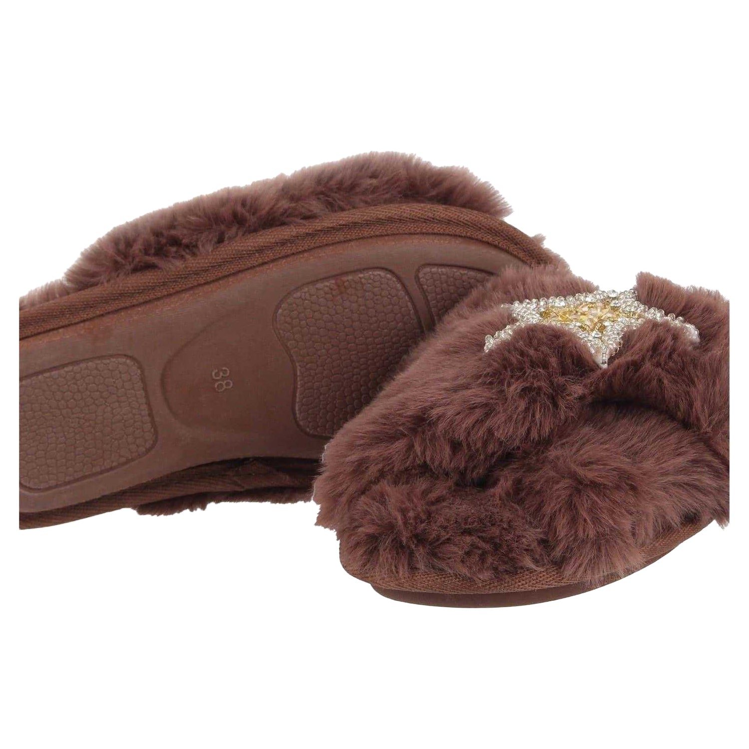 Brown - Lifestyle - Biba Womens-Ladies Moon & Stars Faux Fur Embellished Slippers