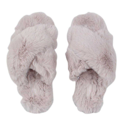Light Grey - Pack Shot - Jack Wills Womens-Ladies Fluffy Cross Strap Slippers