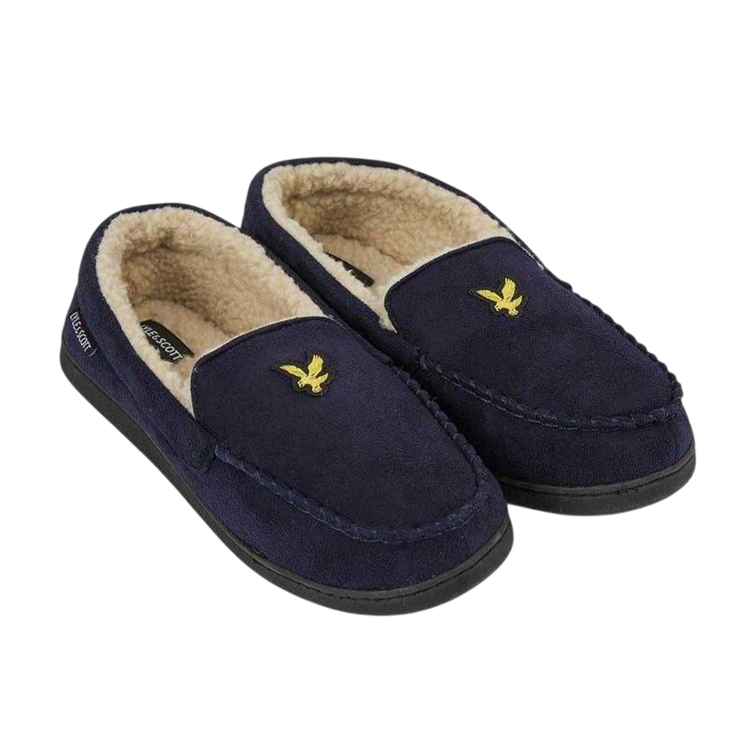 Navy - Side - Lyle & Scott Mens Aspen Faux Suede Moccasin Slippers