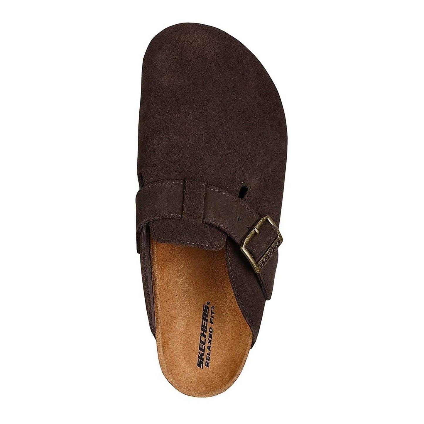 Chocolate - Side - Skechers Mens Suede Flat Mule Slippers