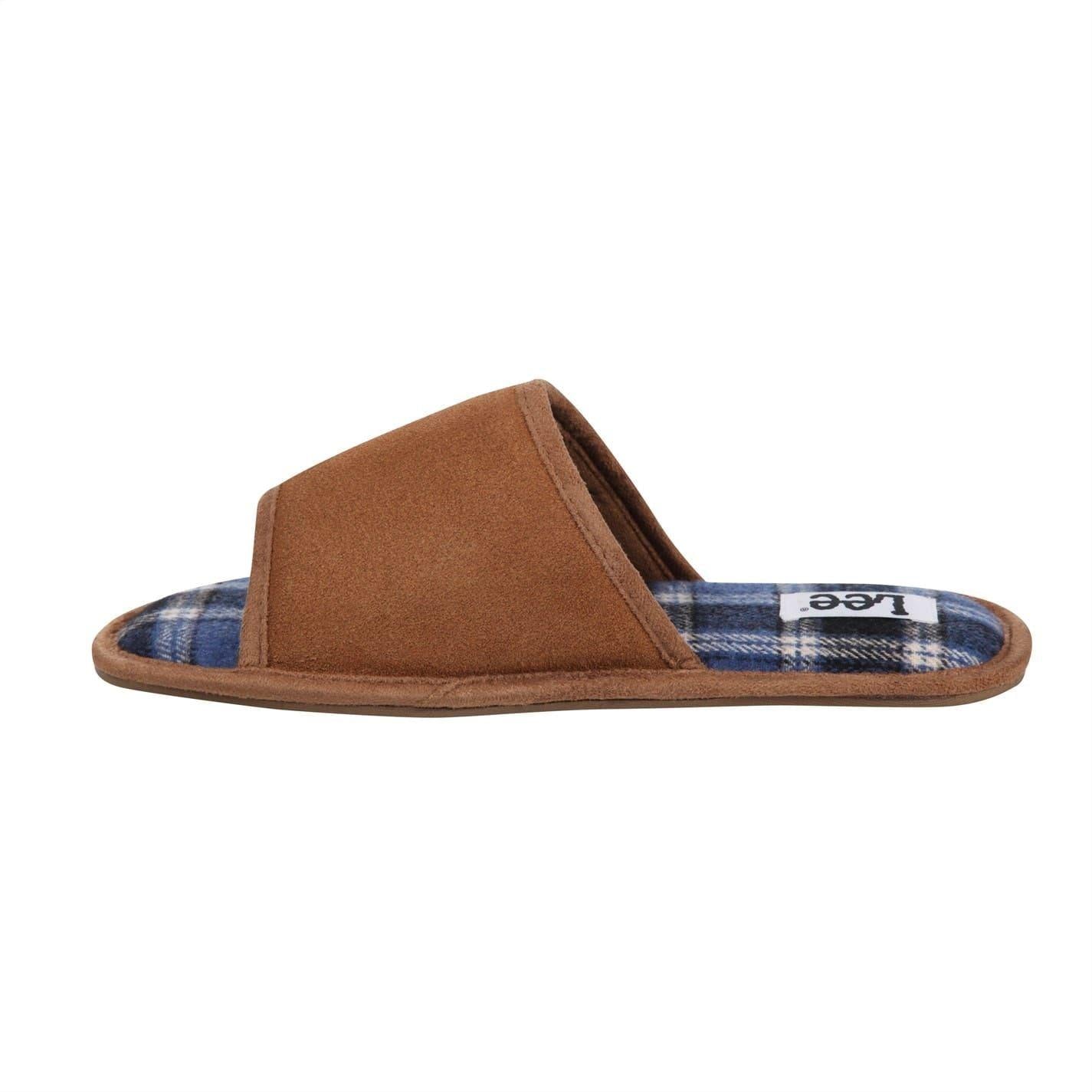 Tan - Back - Lee Mens Radcliff Plaid Leather Slippers