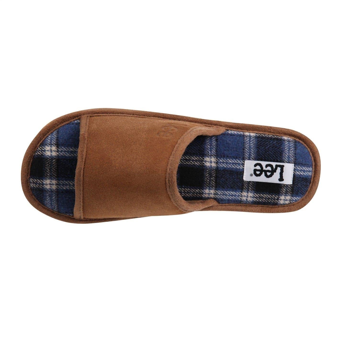 Tan - Pack Shot - Lee Mens Radcliff Plaid Leather Slippers