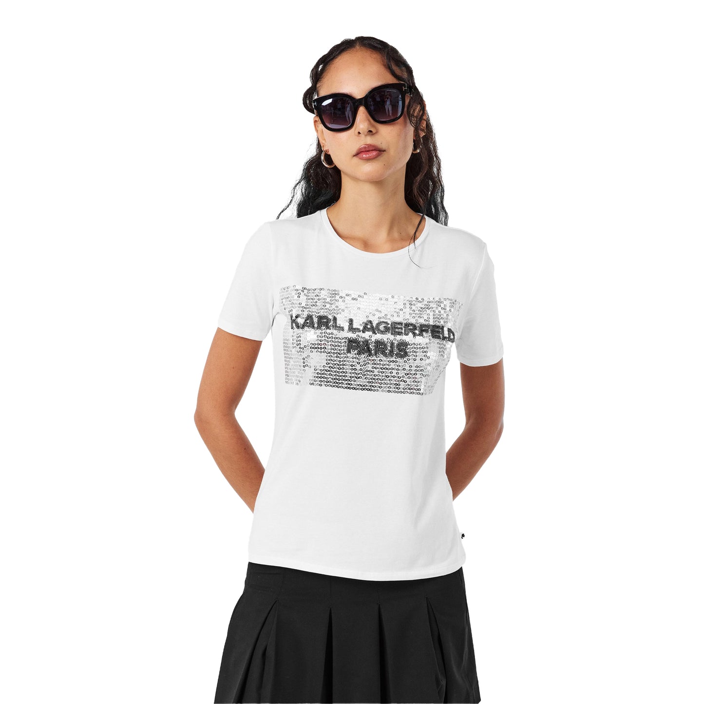 White - Side - Karl Lagerfeld Womens-Ladies Logo Sequins T-Shirt