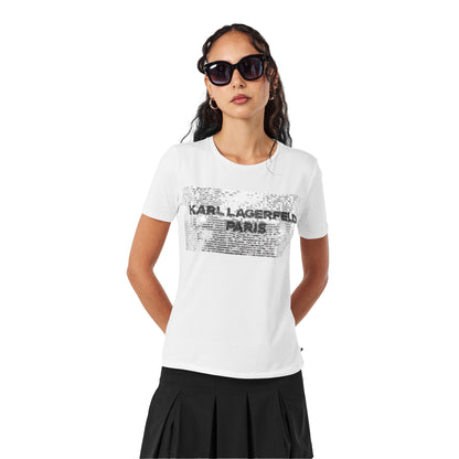 White - Side - Karl Lagerfeld Womens-Ladies Logo Sequins T-Shirt