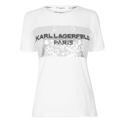 White - Front - Karl Lagerfeld Womens-Ladies Logo Sequins T-Shirt