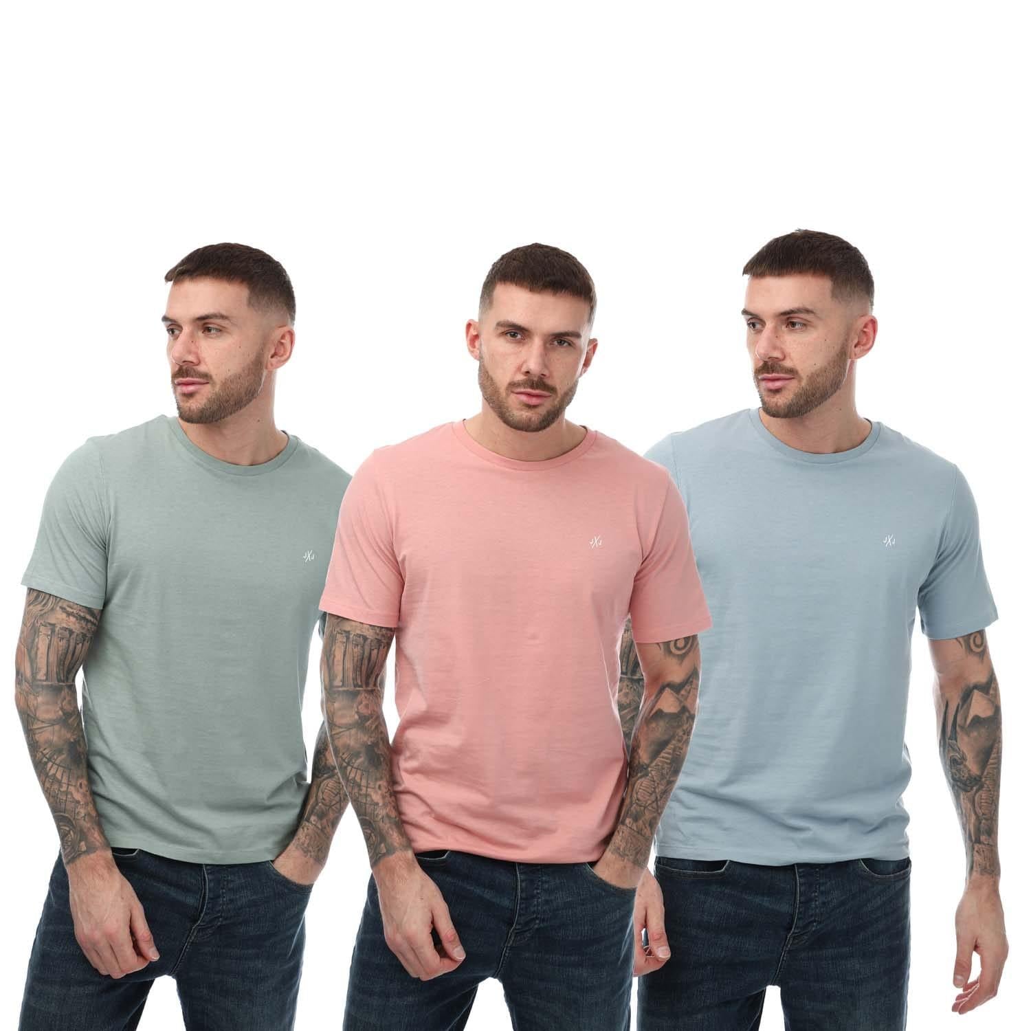 Blue-Grey-Salmon - Front - Jack And Jones Mens Crew Neck T-Shirt (Pack of 3)