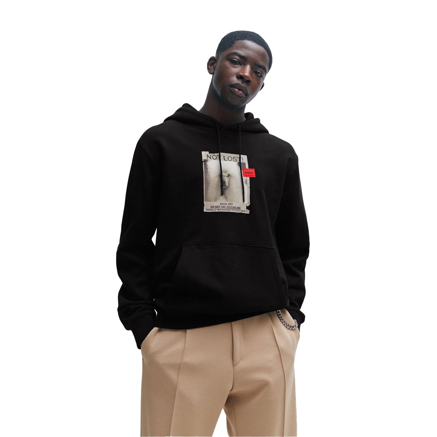 Black - Side - Hugo Mens Dog Print Cotton Hoodie