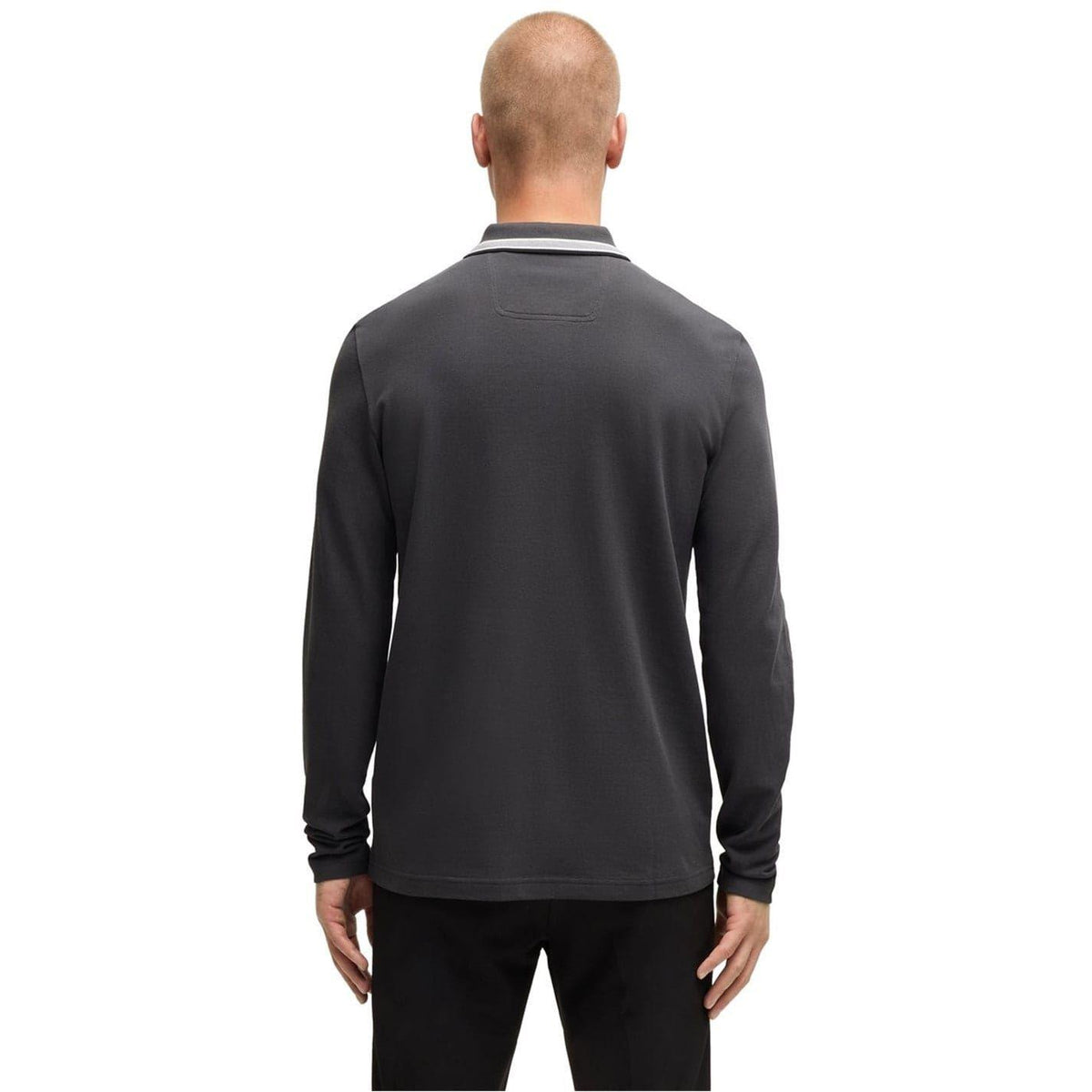 Dark Grey - Back - Boss Mens Embroidered Logo Cotton Long-Sleeved Polo Shirt