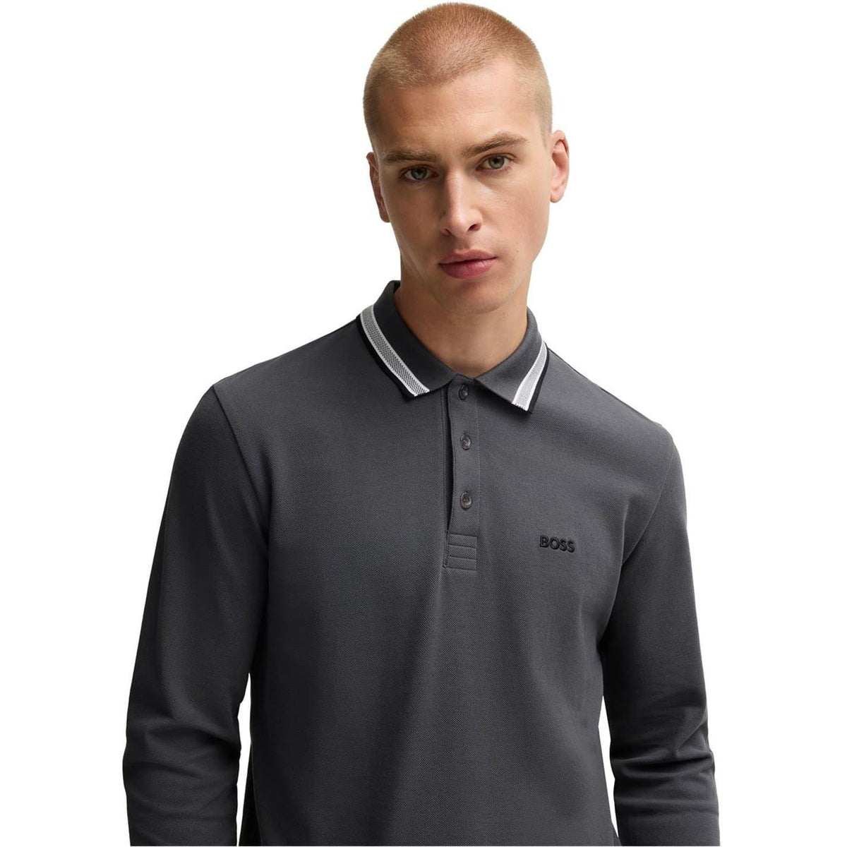 Dark Grey - Side - Boss Mens Embroidered Logo Cotton Long-Sleeved Polo Shirt