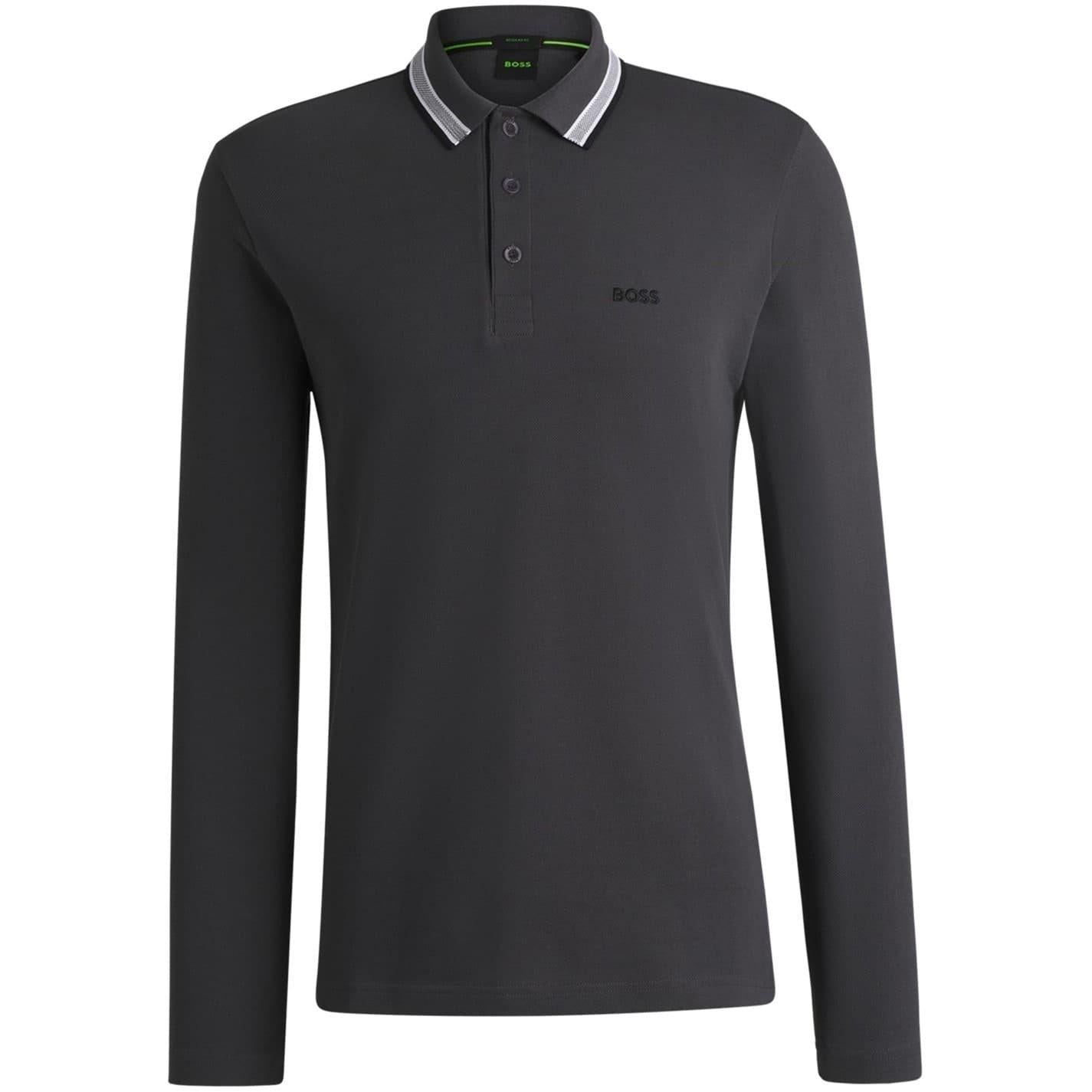 Dark Grey - Front - Boss Mens Embroidered Logo Cotton Long-Sleeved Polo Shirt