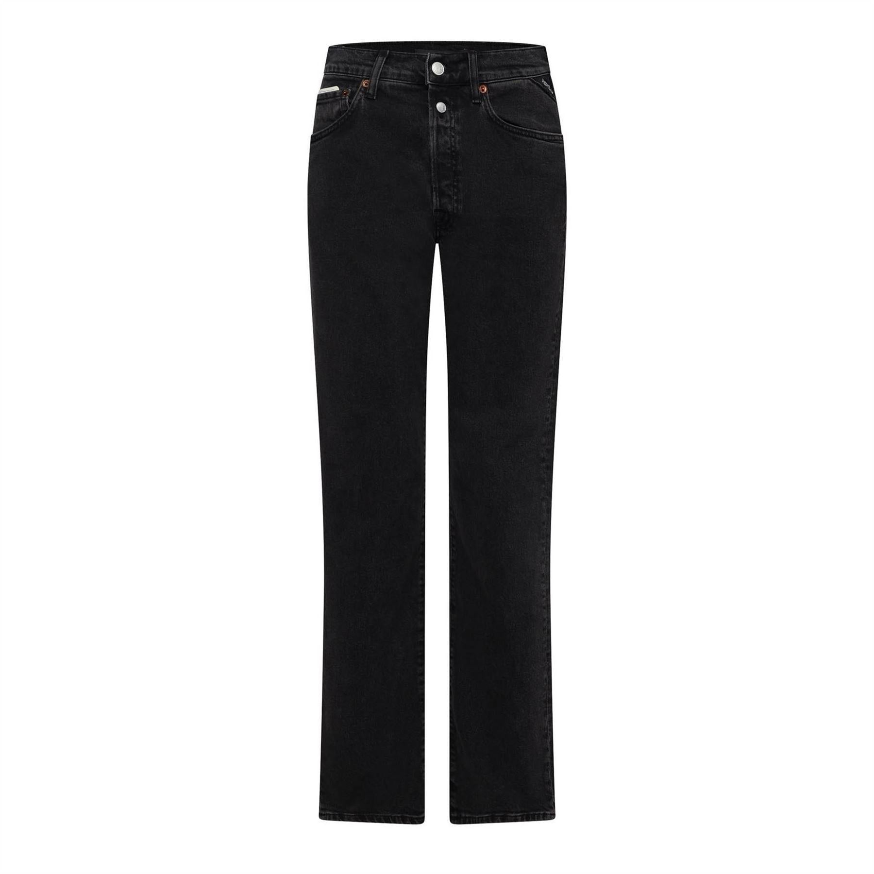 Black - Front - Replay Womens-Ladies Cotton Denim Double Button Straight Jeans