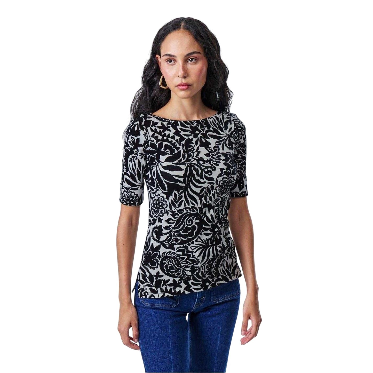 Cream-Black - Side - Ralph Lauren Womens-Ladies Floral Boat Neck T-Shirt