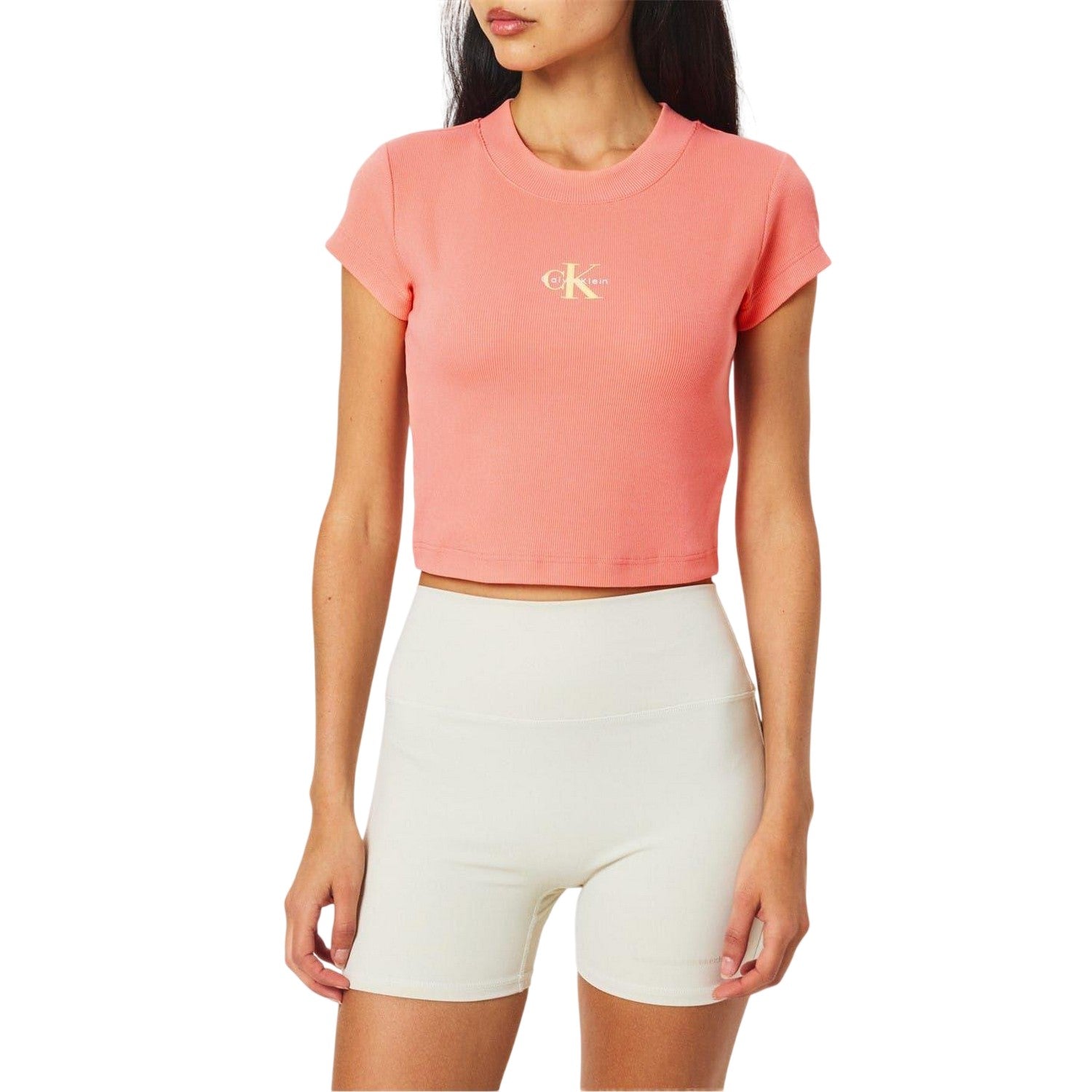 Powder - Side - Calvin Klein Womens-Ladies Mono Ribbed Crop T-Shirt