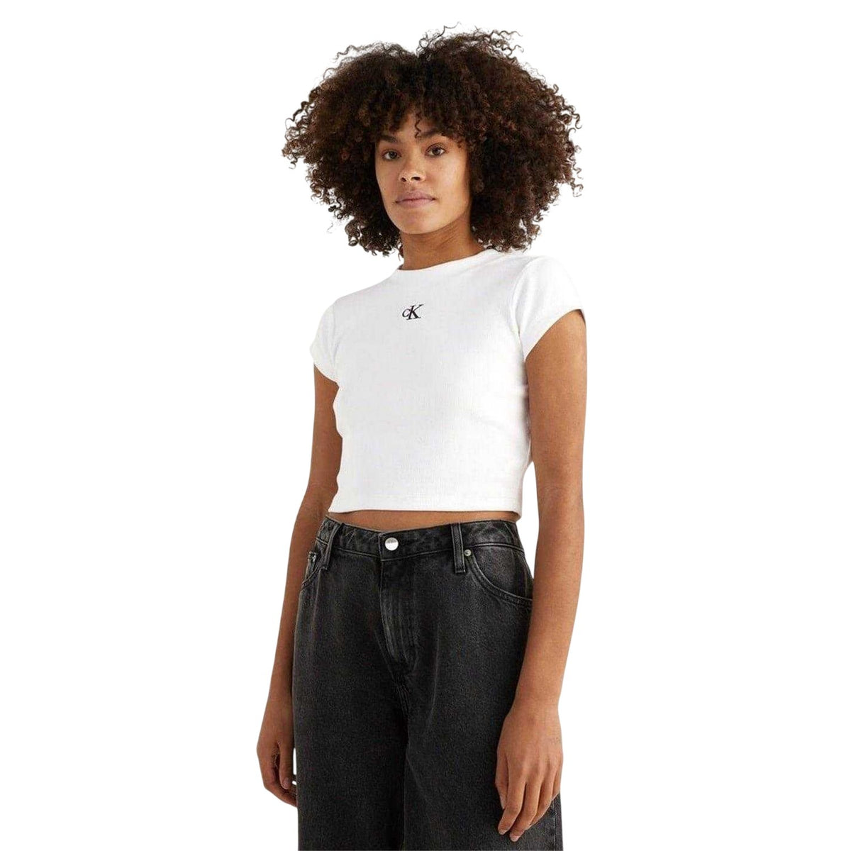 White - Side - Calvin Klein Womens-Ladies Mono Ribbed Crop T-Shirt
