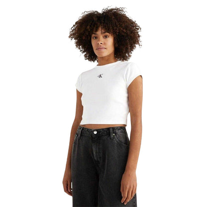 White - Side - Calvin Klein Womens-Ladies Mono Ribbed Crop T-Shirt