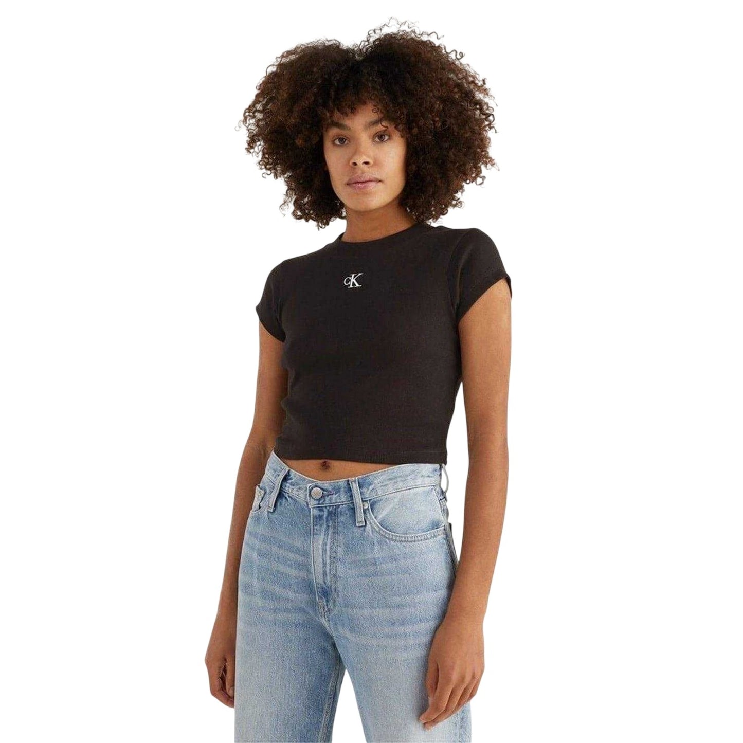 Black - Side - Calvin Klein Womens-Ladies Mono Ribbed Crop T-Shirt