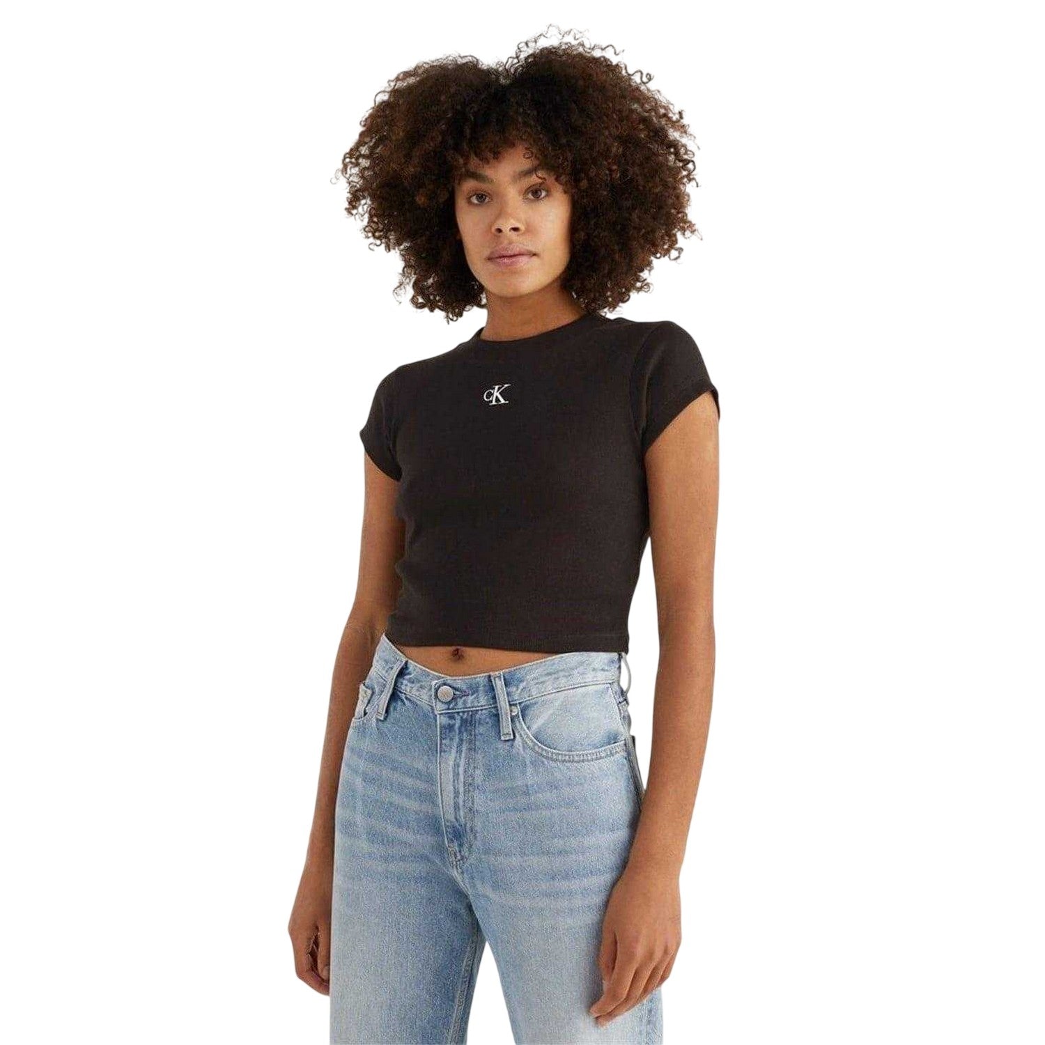 Black - Side - Calvin Klein Womens-Ladies Mono Ribbed Crop T-Shirt