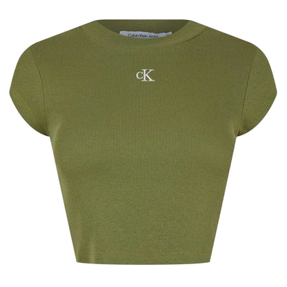 Juniper Green - Front - Calvin Klein Womens-Ladies Mono Ribbed Crop T-Shirt