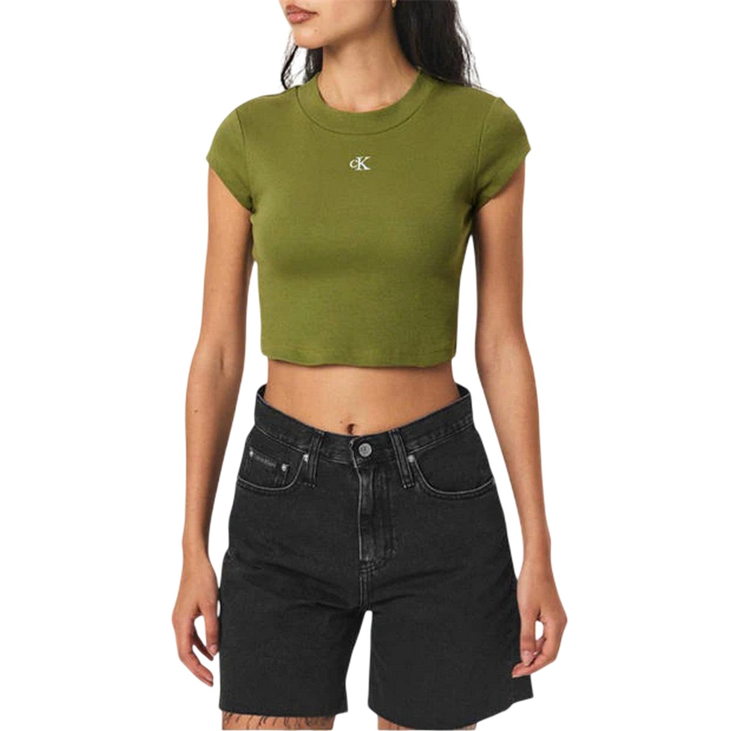 Juniper Green - Side - Calvin Klein Womens-Ladies Mono Ribbed Crop T-Shirt
